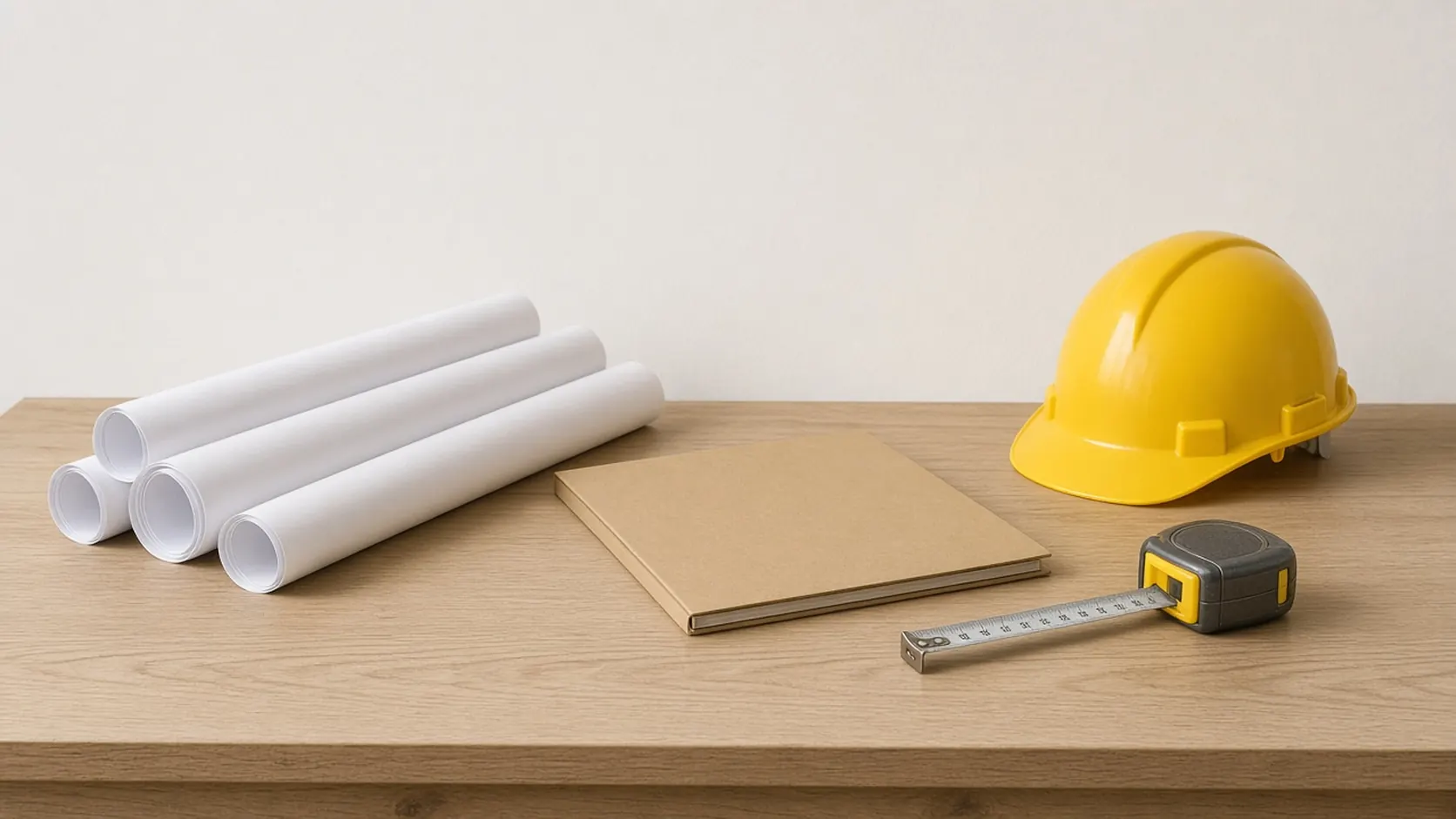 Rolled drawings, a closed folder, a hard hat, and a tape measure on a wood table