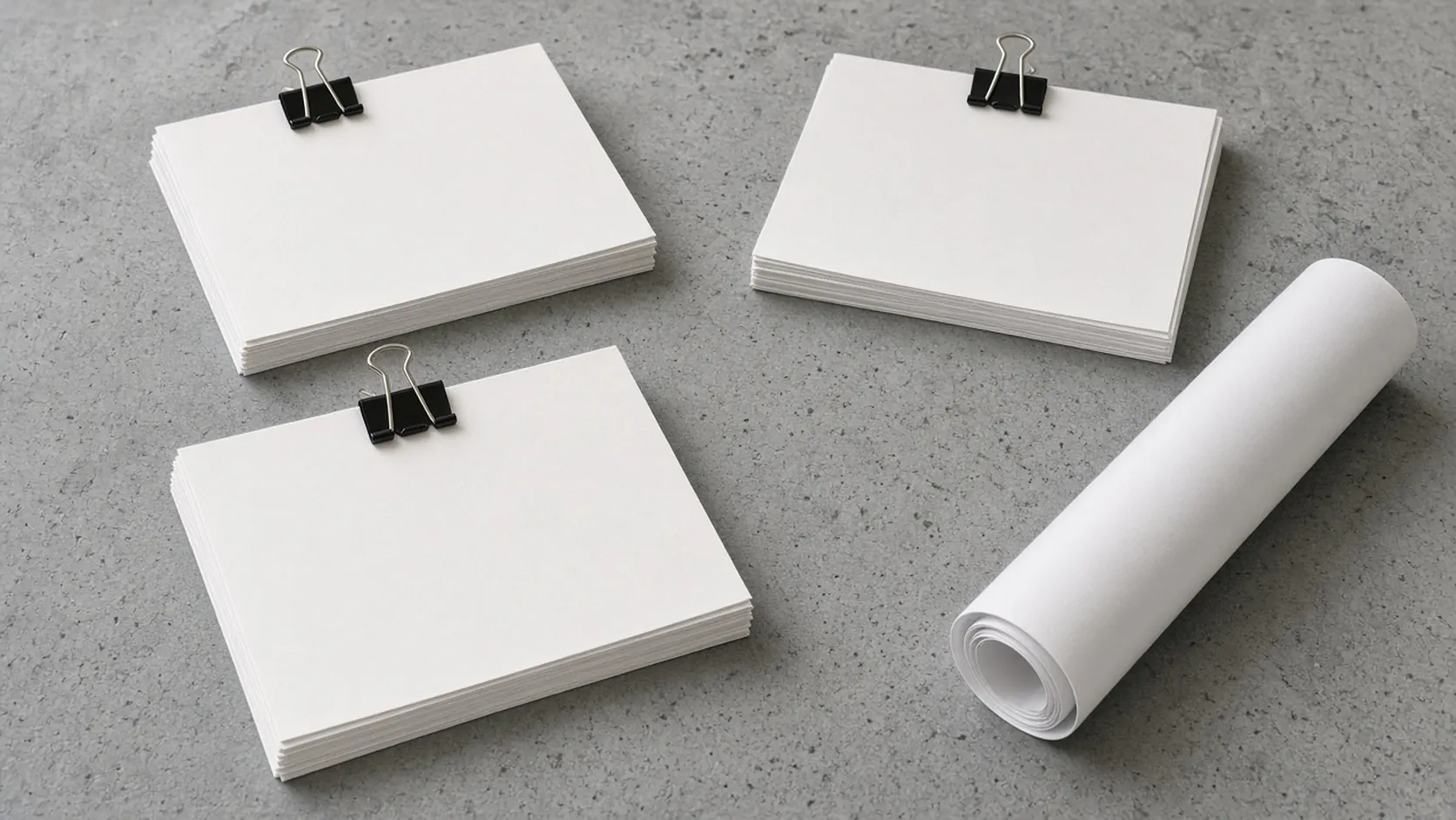 Three stacks of blank paper and a rolled sheet