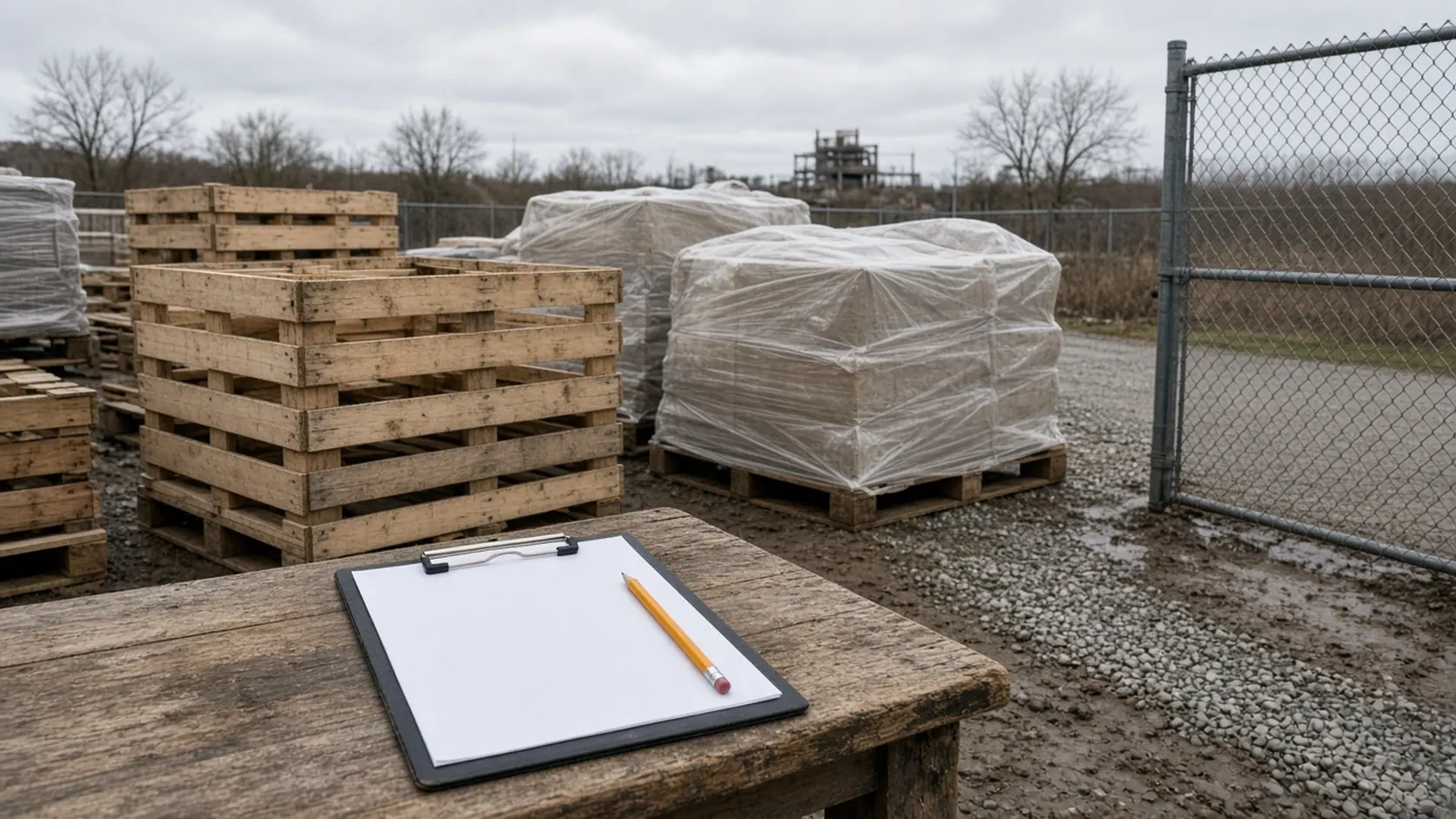 Wrapped pallets, crates, and a blank clipboard at a site gate