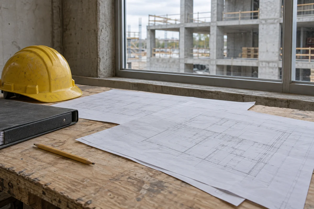 Architectural plan sheets, a pencil, a closed binder and a yellow hardhat on a plywood desk beside an unfinished concrete building