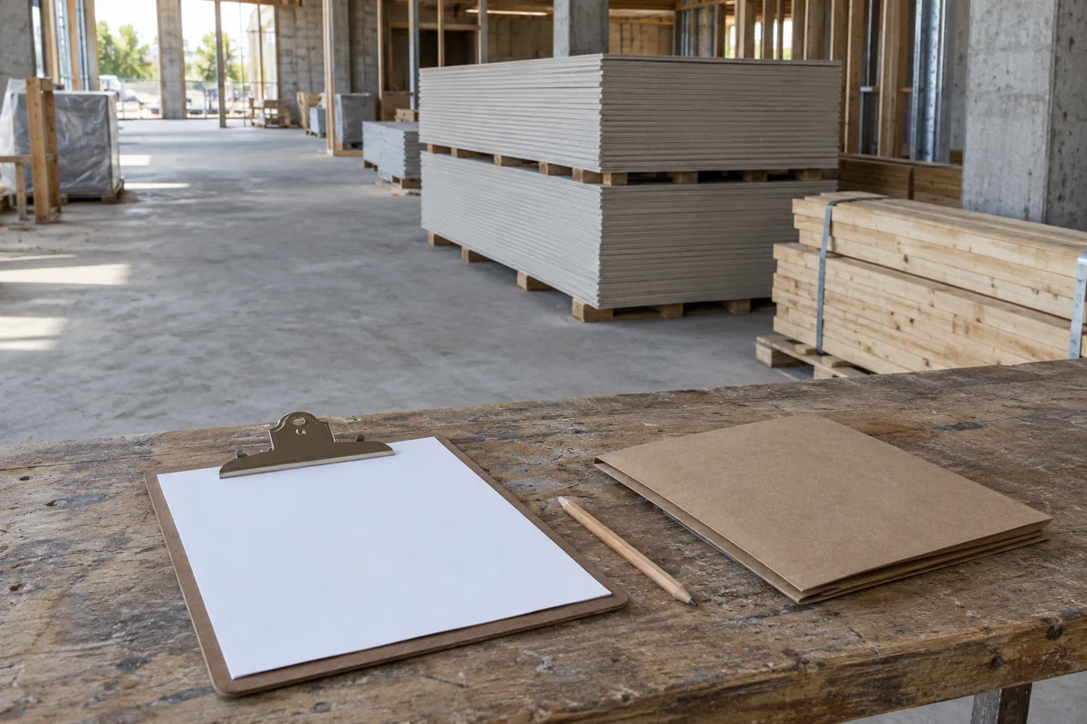 Blank clipboard, pencil and kraft folder on a worn timber bench in front of stacked gypsum sheets and timber bundles