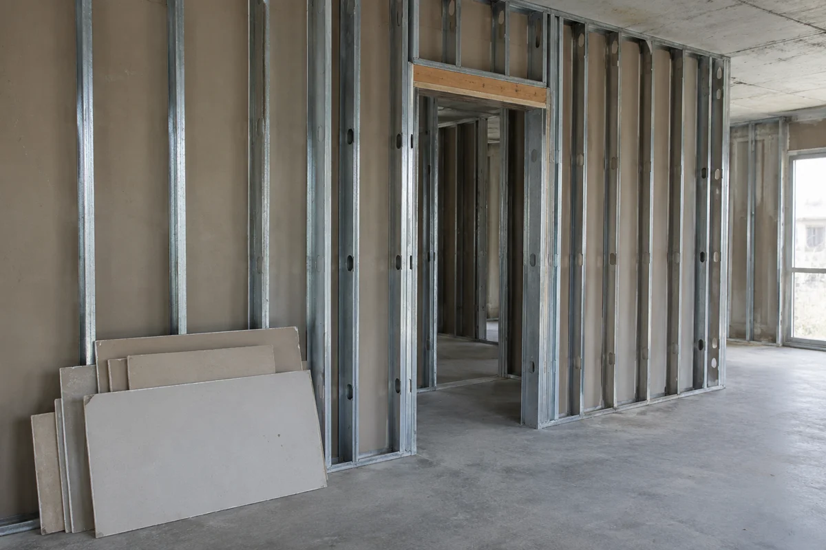 Exposed metal wall studs around a doorway opening with gypsum board offcuts leaning nearby on a concrete floor