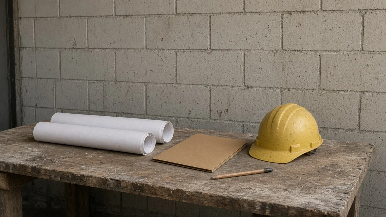 Two rolled sheets, a closed kraft folder, an unmarked hard hat, and a pencil on a worn wooden table