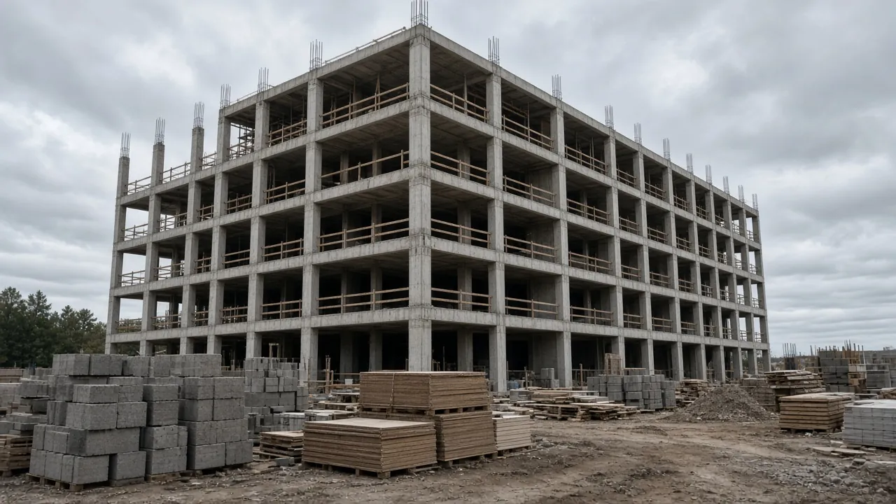 An unfinished concrete building frame with stacks of masonry units and boards on the ground