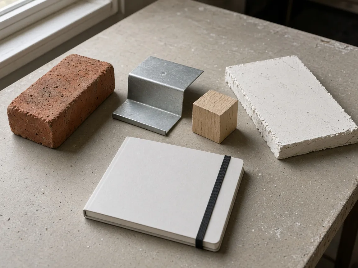 A brick, a bent metal angle, a wood block, a gypsum offcut, and a closed notebook on a work table