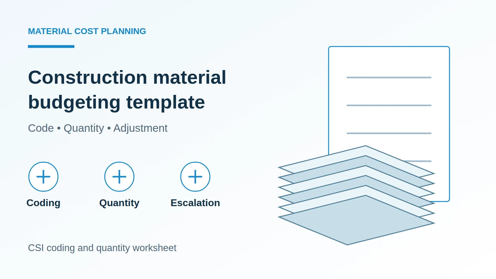 Technical illustration of a material quantity schedule organized into a budget worksheet