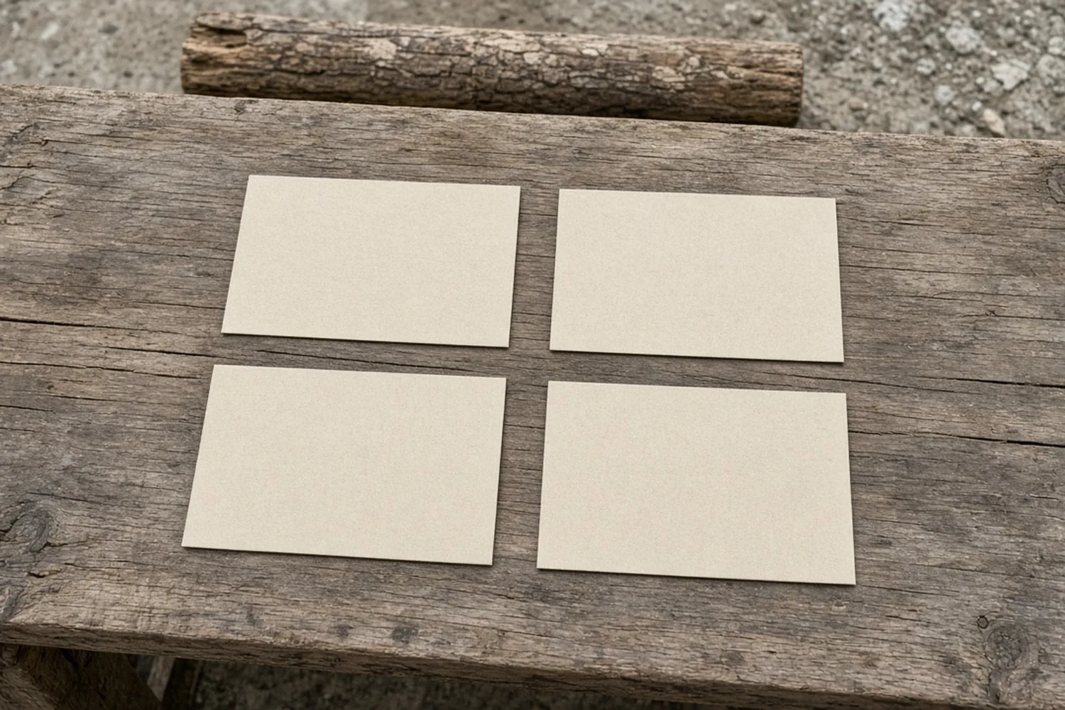 Four blank cards in a two-by-two grid on a worn wood table.