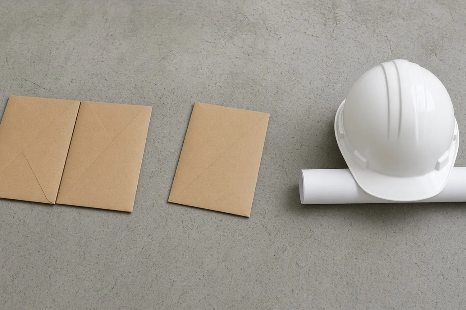 Two plain envelopes, one plain envelope, and an unmarked hard hat on a rolled sheet.