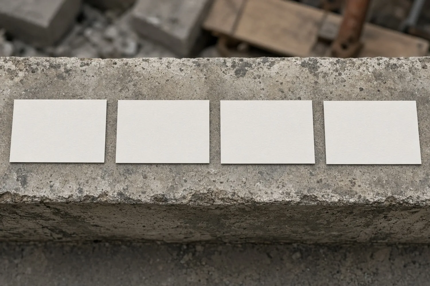 Four blank cards in a row on a concrete ledge.