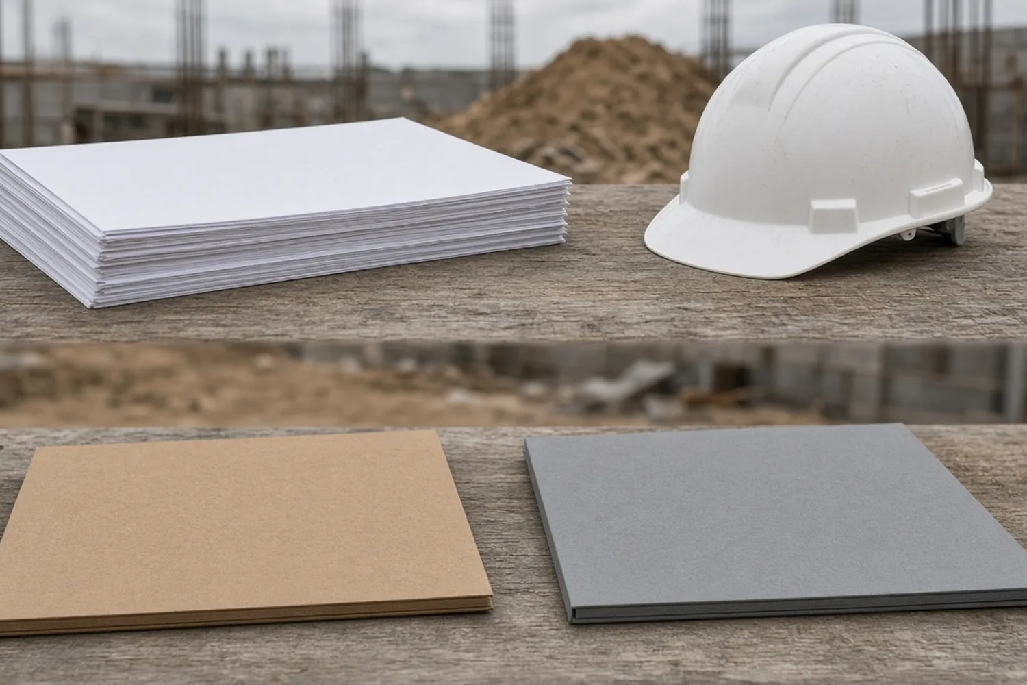 A stack of blank sheets beside an unmarked hard hat, and below them a kraft folder beside a gray folder.