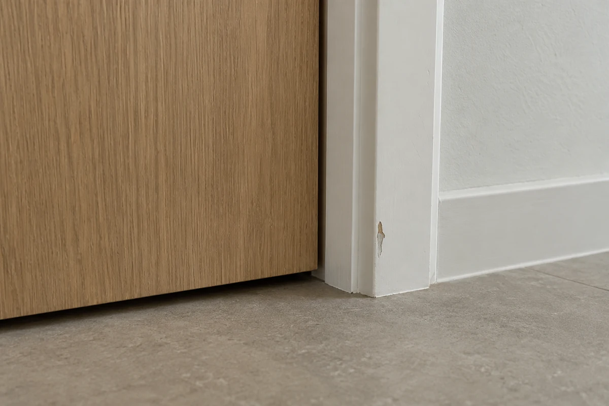 Plain installed interior door and frame with a small surface blemish near the jamb