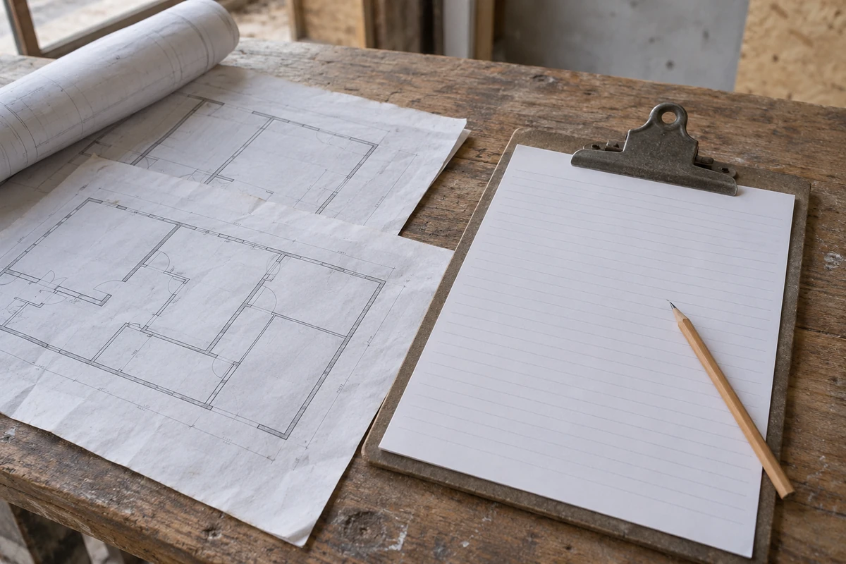 Floor-plan drawings beside a blank lined clipboard and pencil on a worn work table