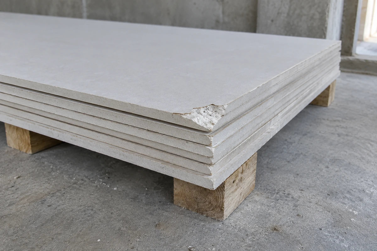Unbranded building boards on a timber support with a visible damaged corner