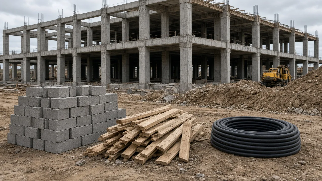 An unfinished concrete building frame with separate stacks of masonry units, timber boards, and a coil of pipe on bare ground