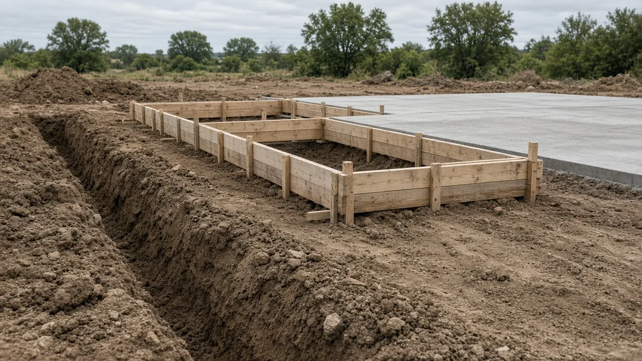 An open soil trench beside empty timber footing forms, with a finished concrete slab beyond them