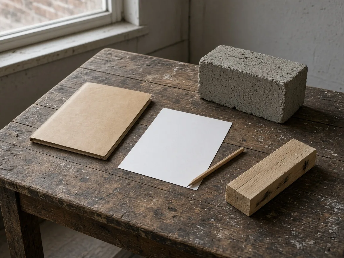 A closed kraft folder, a blank sheet of paper, a pencil, a concrete block, and a wood offcut on a worn wooden table