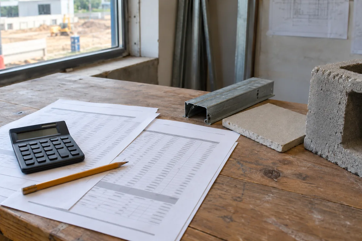 Printed cost estimate sheets, a calculator and unbranded material samples on a worn site-office table