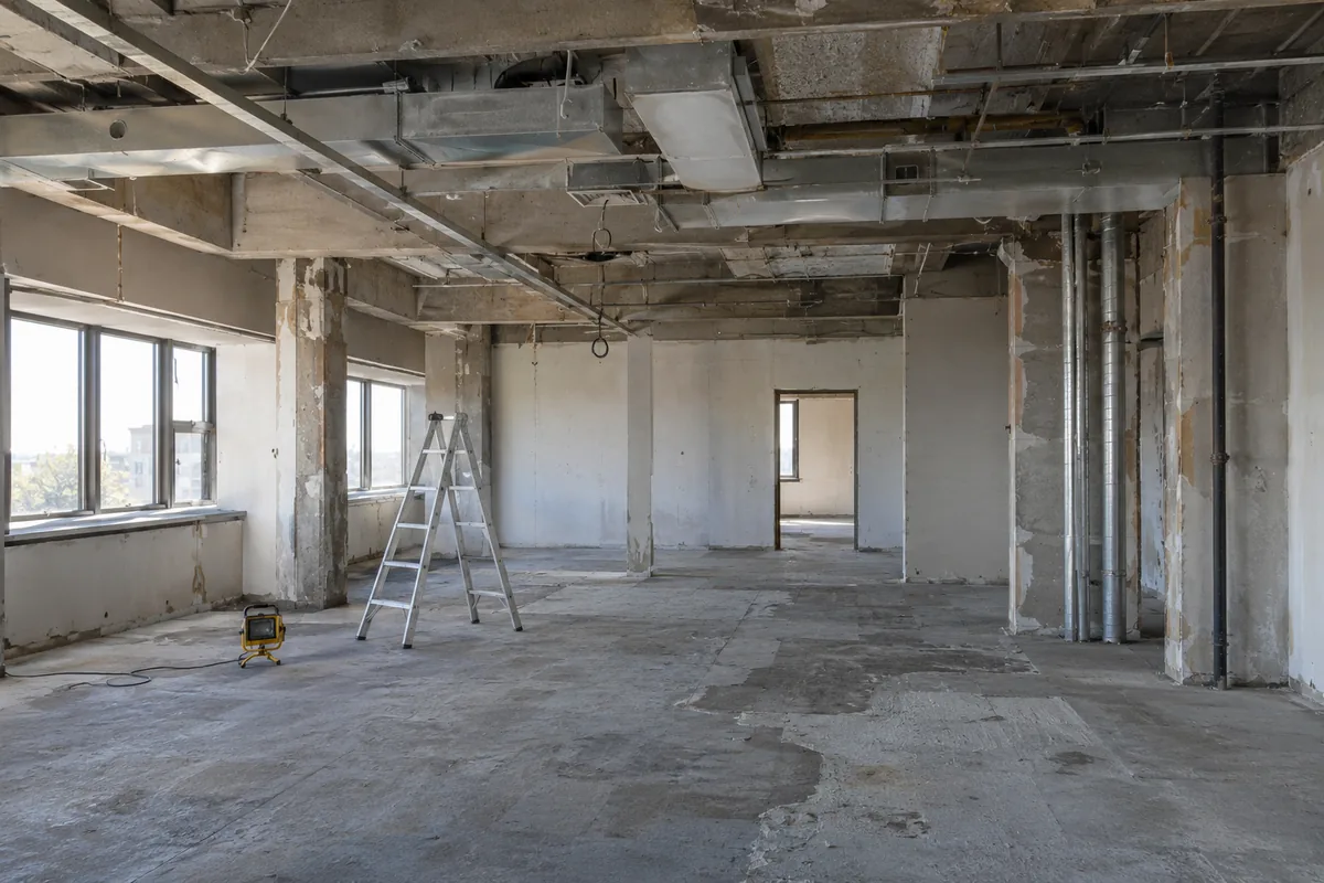 Refurbishment interior with an opened ceiling, old exposed ducts and conduits, and an uneven patched concrete slab