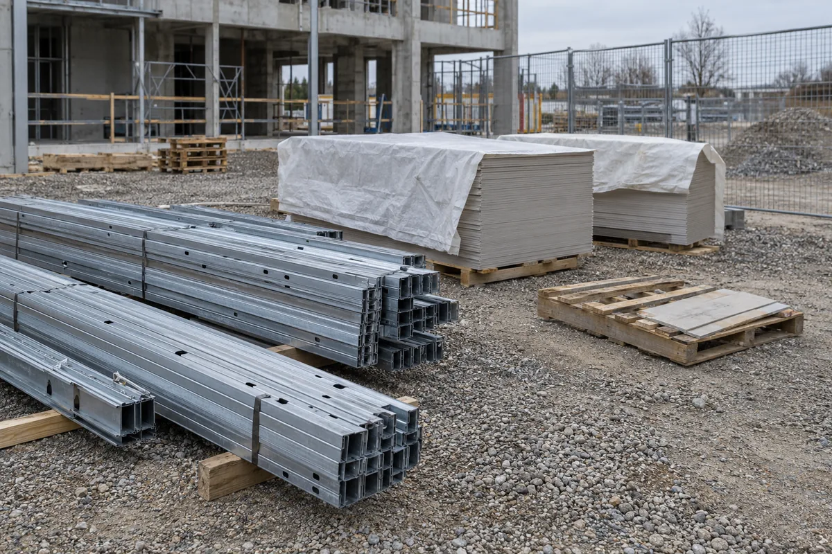 Banded bundles of unbranded steel studs on timber dunnage and tarp-covered board stacks on pallets in a gravel laydown area, beside a partly empty pallet