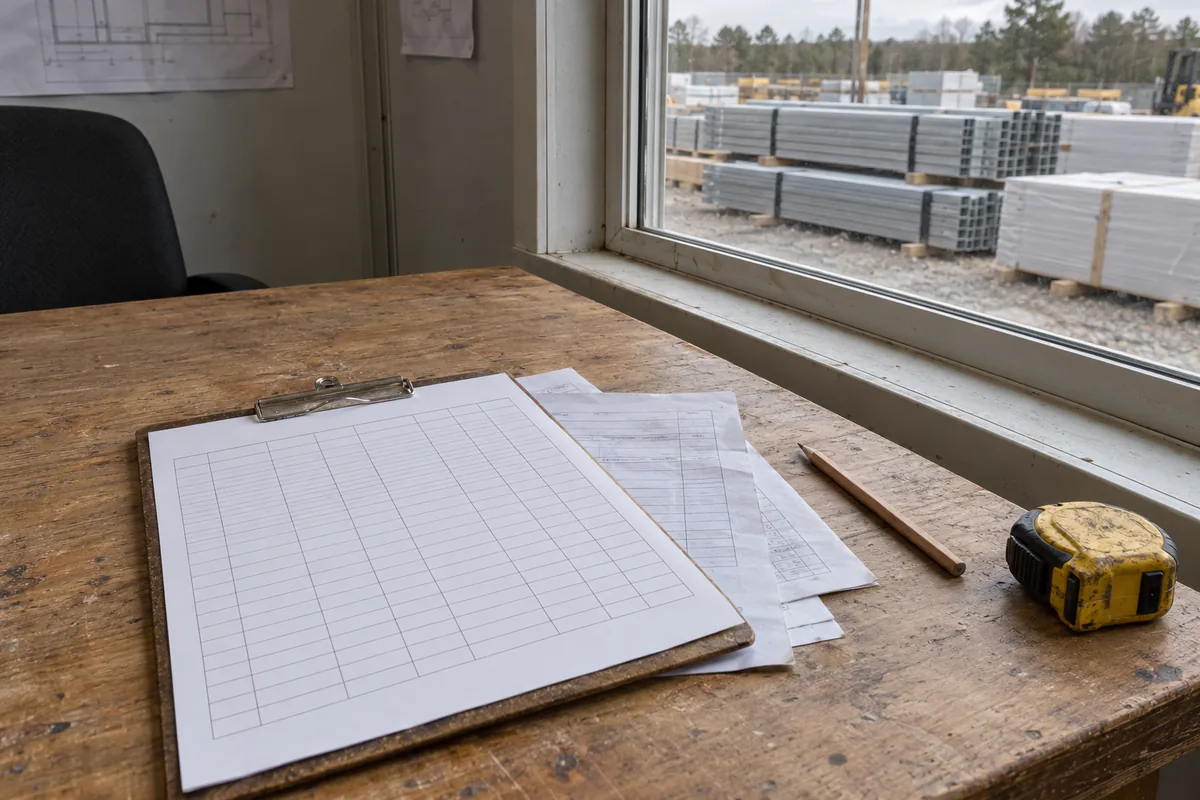 Clipboard with a blank ruled tracking sheet, loose delivery paperwork, a pencil and a tape measure on a worn site-office table, beside a window overlooking stacked material in a yard