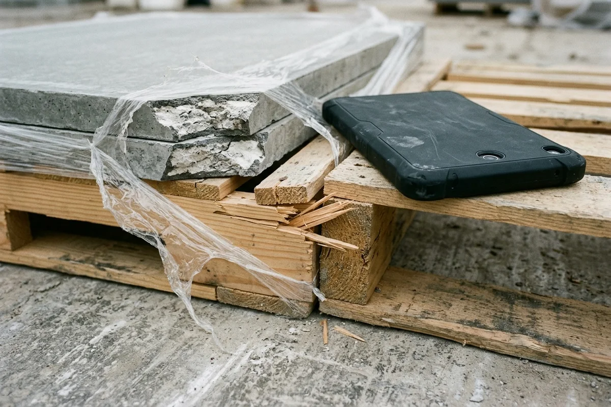 Cracked wooden pallet slat and torn stretch wrap exposing chipped corners on bottom cementitious wall panels next to a face-down rugged jobsite tablet