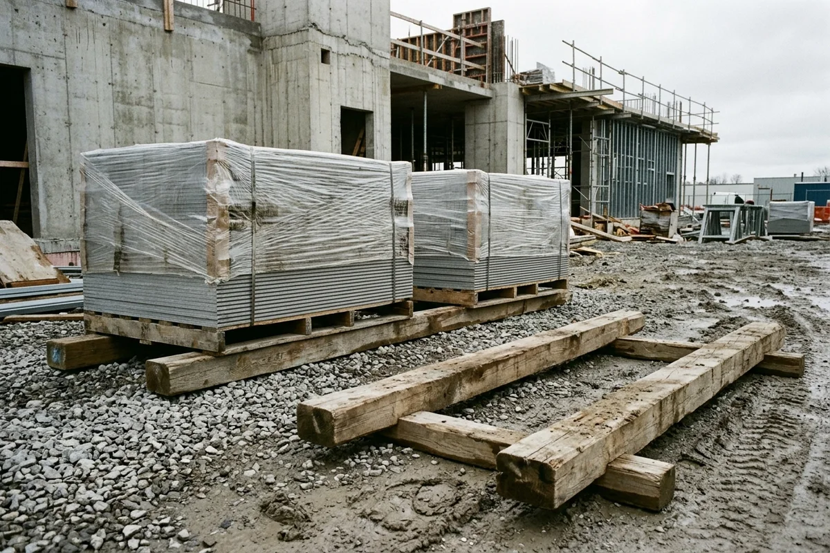 Wrapped pallets of grey fiber-cement wall boards on timber dunnage in a gravel staging bay alongside empty dunnage beams for a split delivery