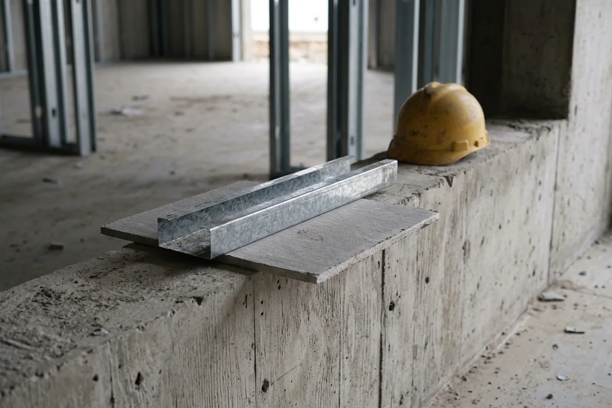 Galvanized steel C-stud framing sample, mineral-fiber board sample, and rolled paper blueprints on a plywood field office table