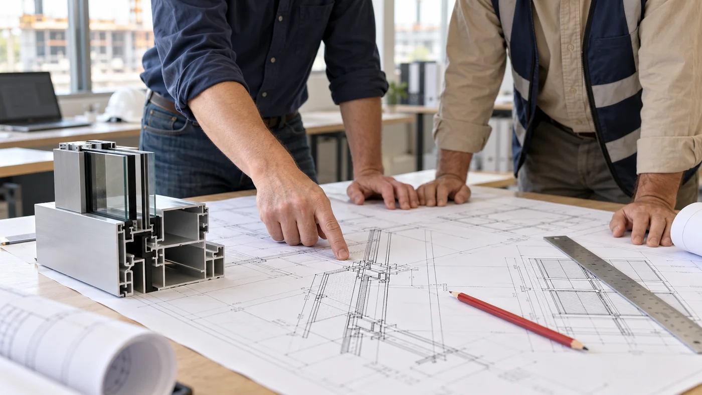 Two reviewers comparing a fabrication drawing beside an aluminum framing sample