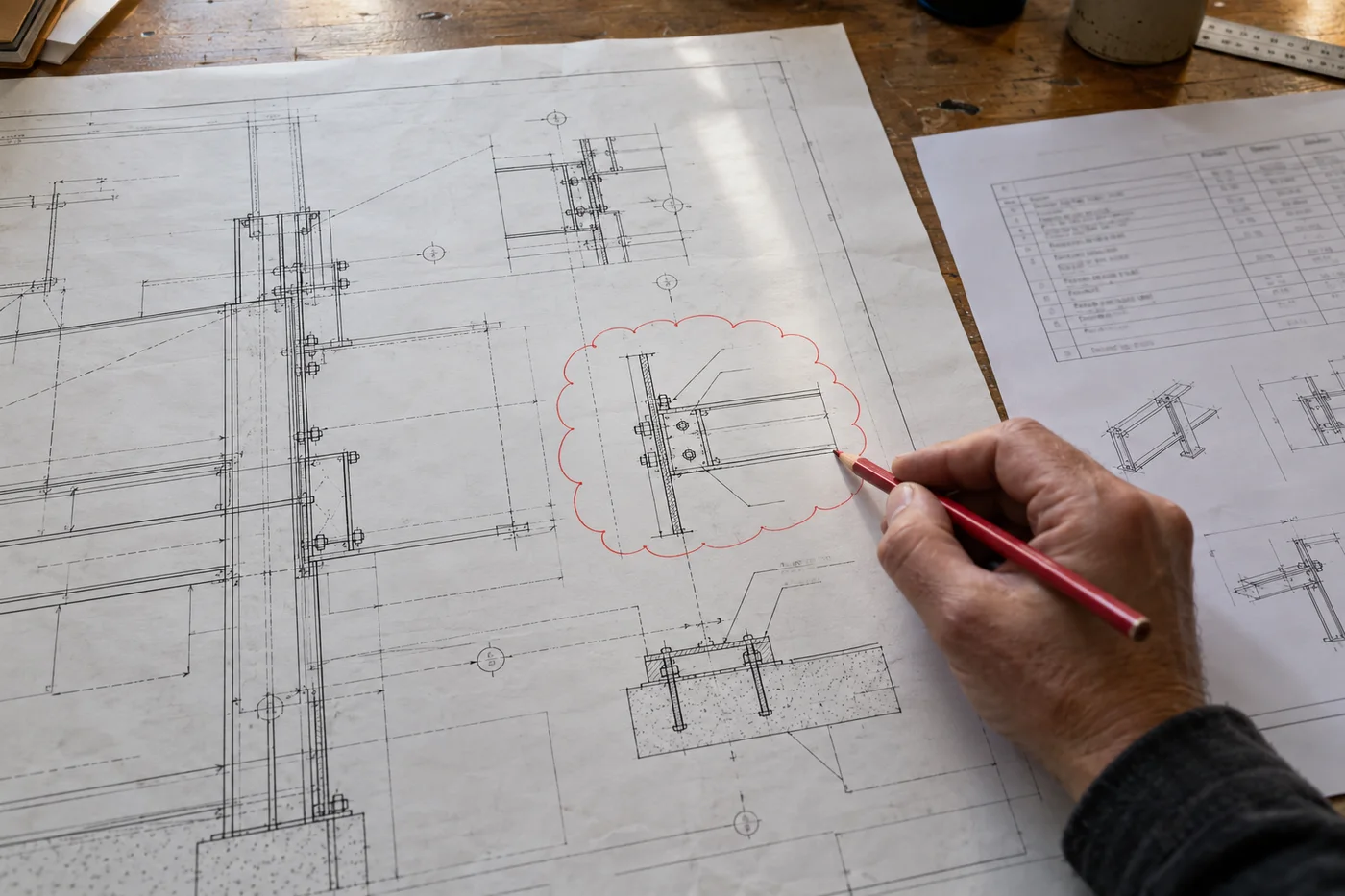 A red revision cloud around a connection detail beside a comparison sheet