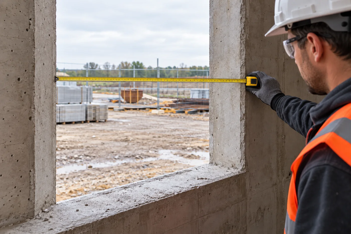 A worker extending a tape measure across a concrete rough opening