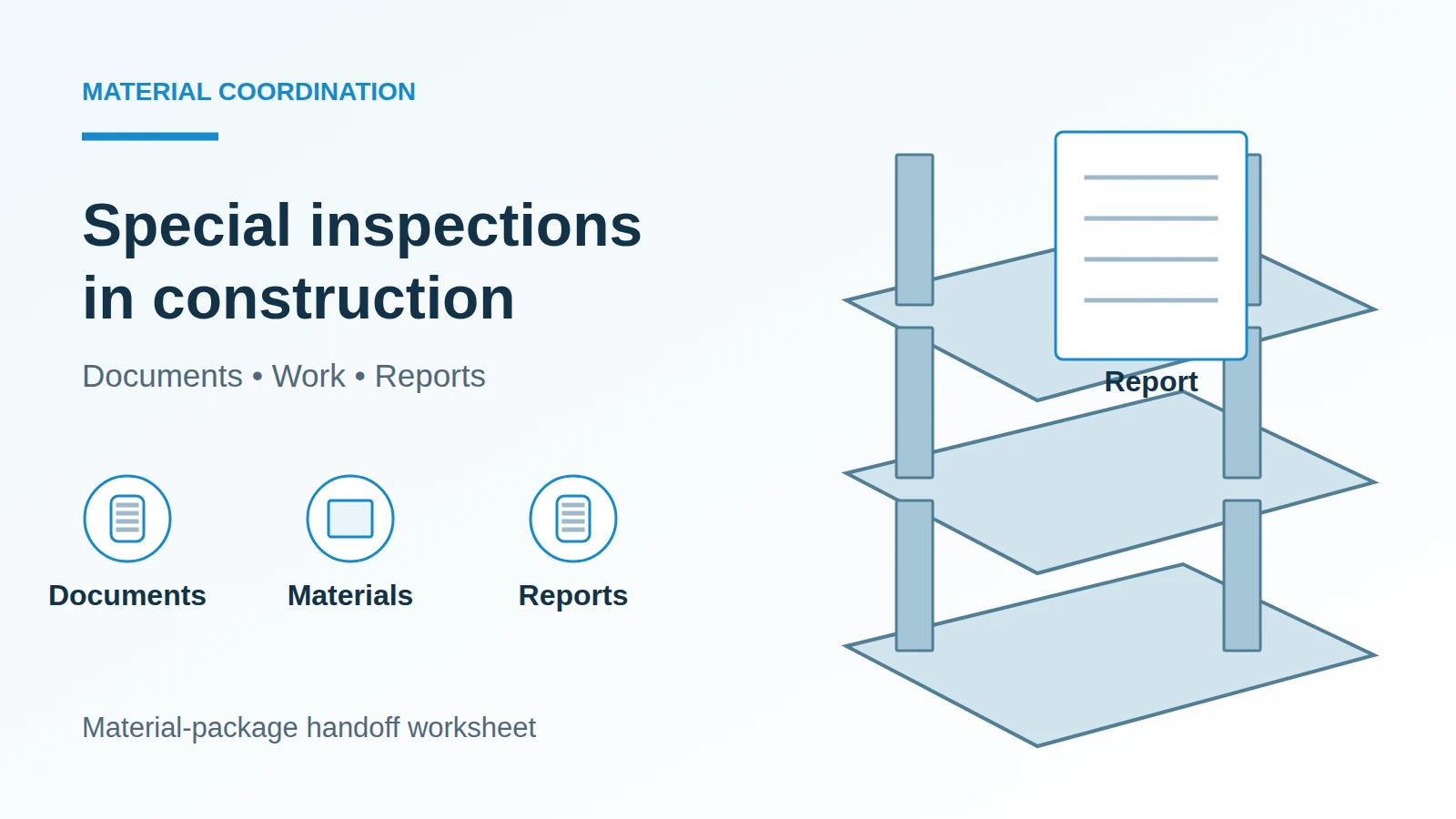Technical illustration of construction documents, a material package and an inspection report
